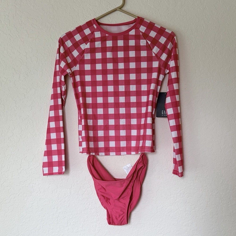 NWT GAP Girls Swimsuit Rashguard Swim Set XL UPF Gingham Pink White New 2 Piece